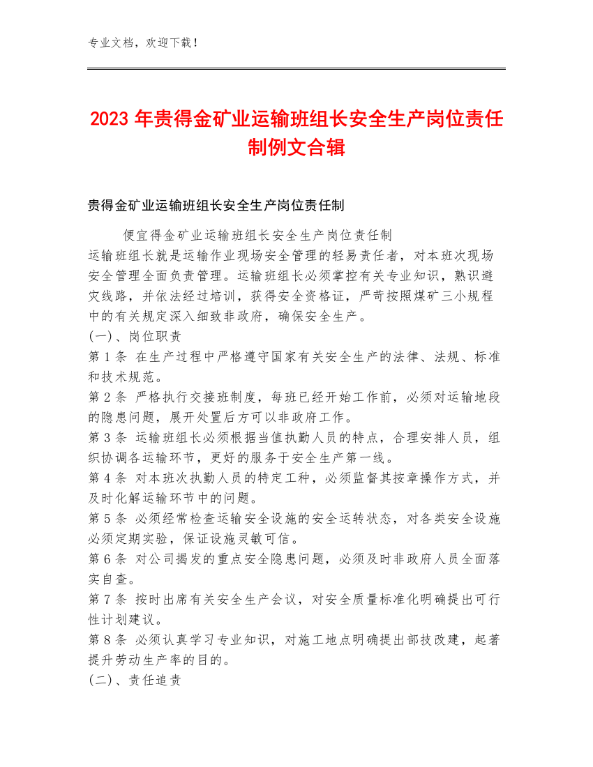 2023年贵得金矿业运输班组长安全生产岗位责任制例文合辑