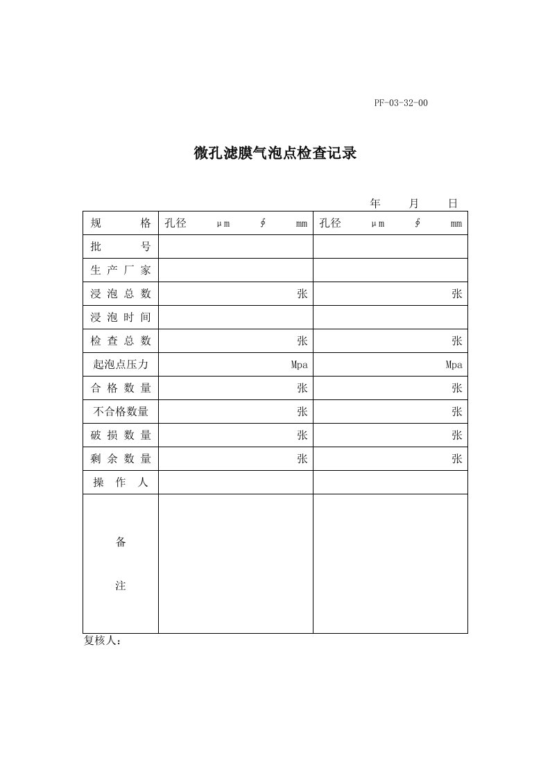 微孔滤膜气泡点检查记录