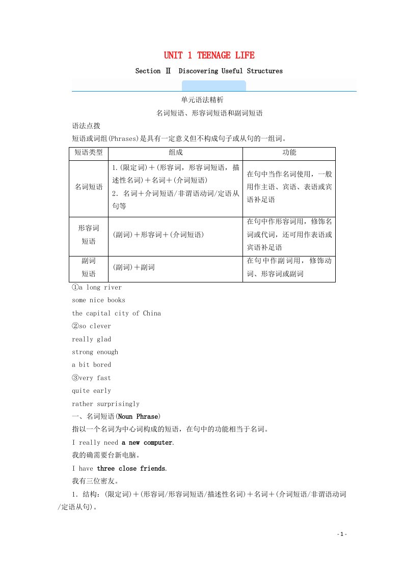 2021_2022学年新教材高中英语UNIT1TEENAGELIFESectionⅡDiscoveringUsefulStructures学案含解析新人教版必修第一册