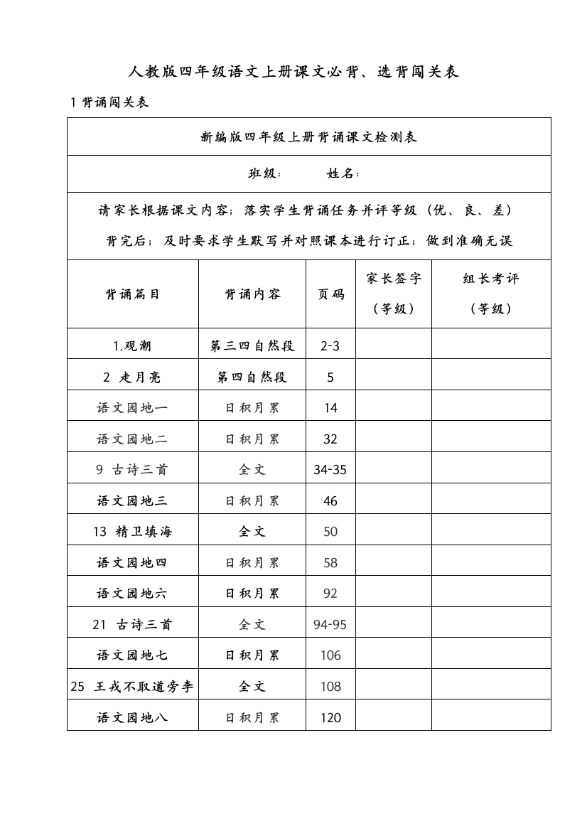 人教版四年级语文上册课文必背必会必考