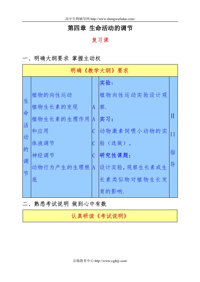 高一生物生命活动的调节复习教案