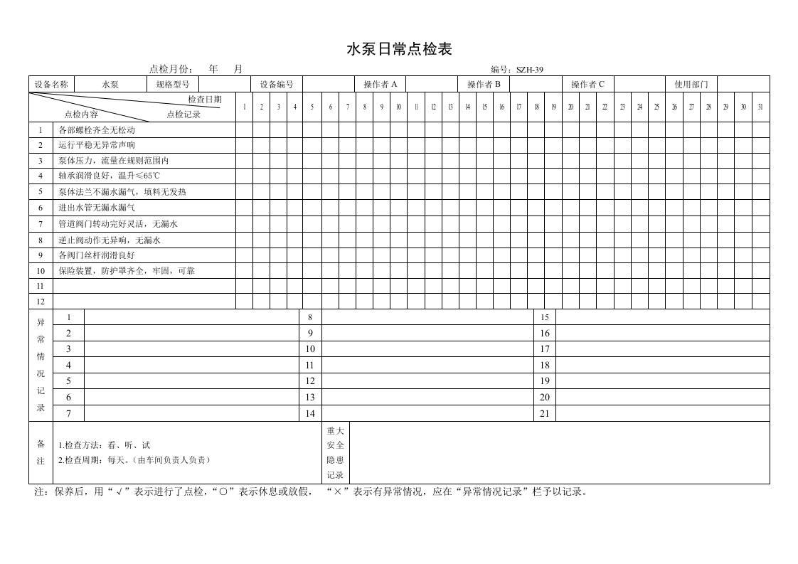 水泵日常点检表