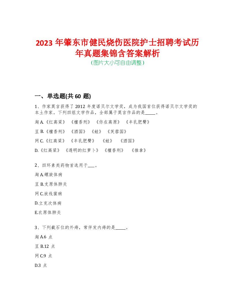 2023年肇东市健民烧伤医院护士招聘考试历年真题集锦含答案解析