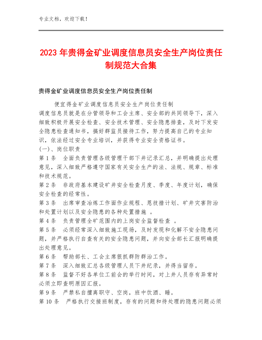 2023年贵得金矿业调度信息员安全生产岗位责任制规范大合集