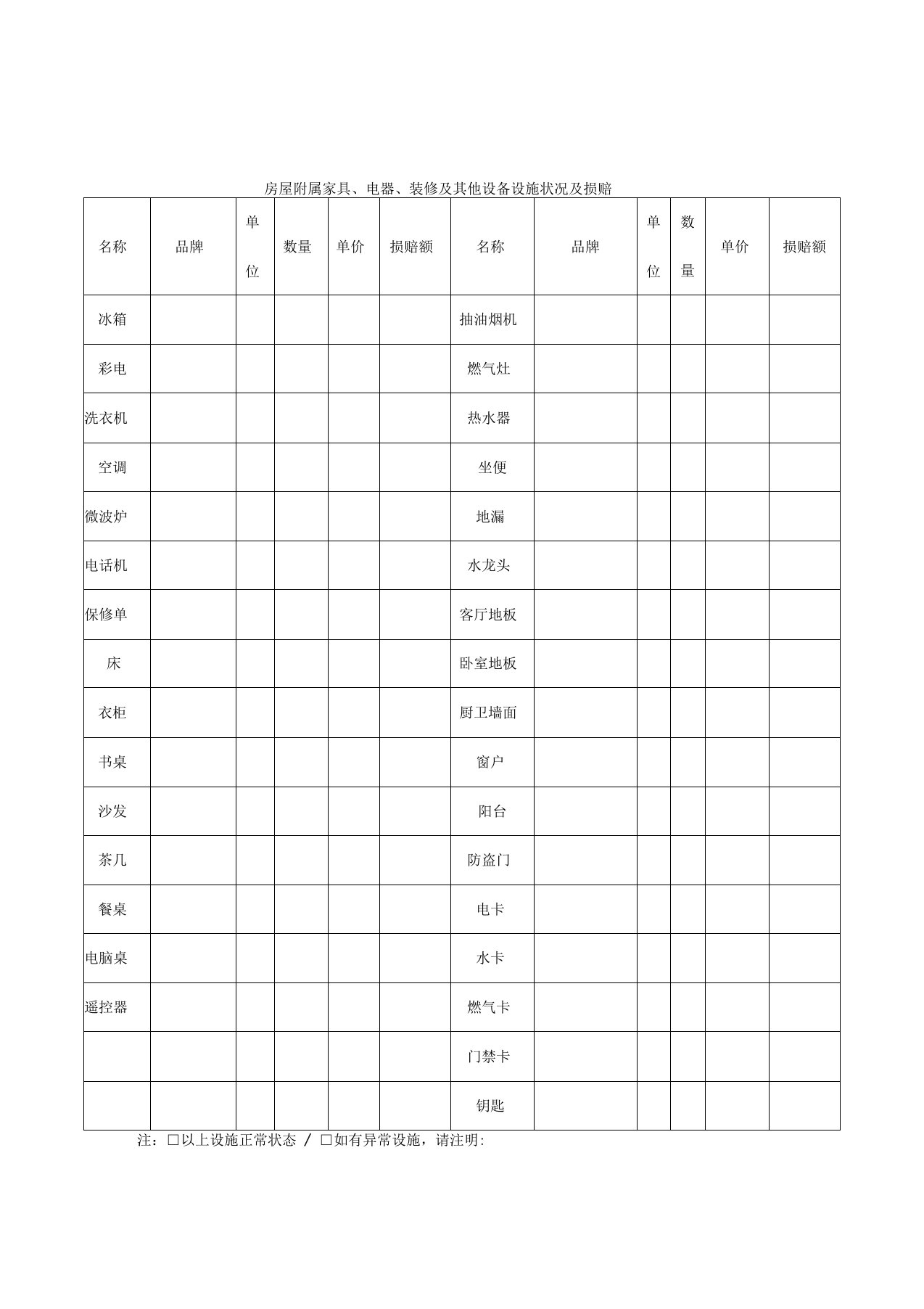 房屋交接清单简易版