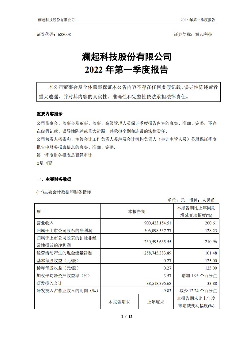 上交所-澜起科技2022年第一季度报告-20220428