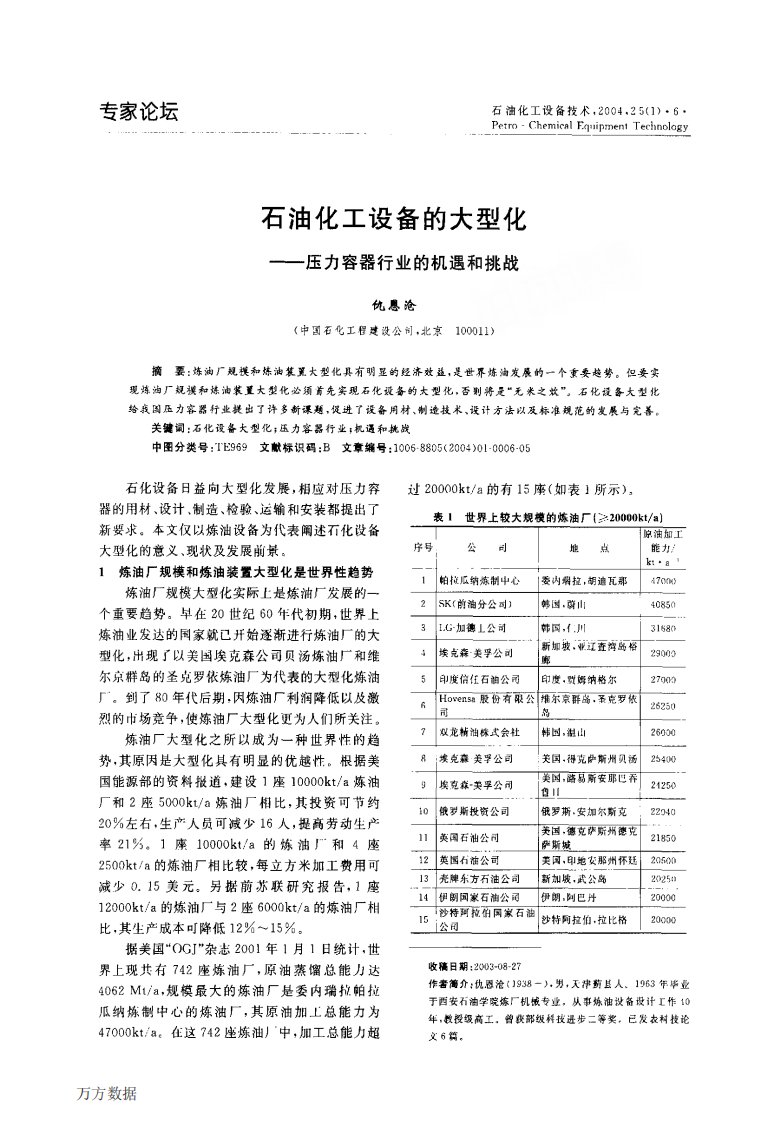 石油化工设备大型化-压力容器行业机遇和挑战