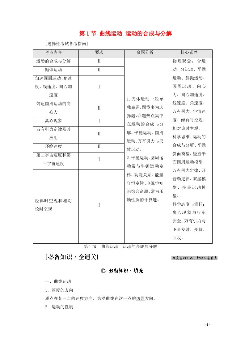 2022版高考物理一轮复习第4章曲线运动万有引力与航天第1节曲线运动运动的合成与分解教案