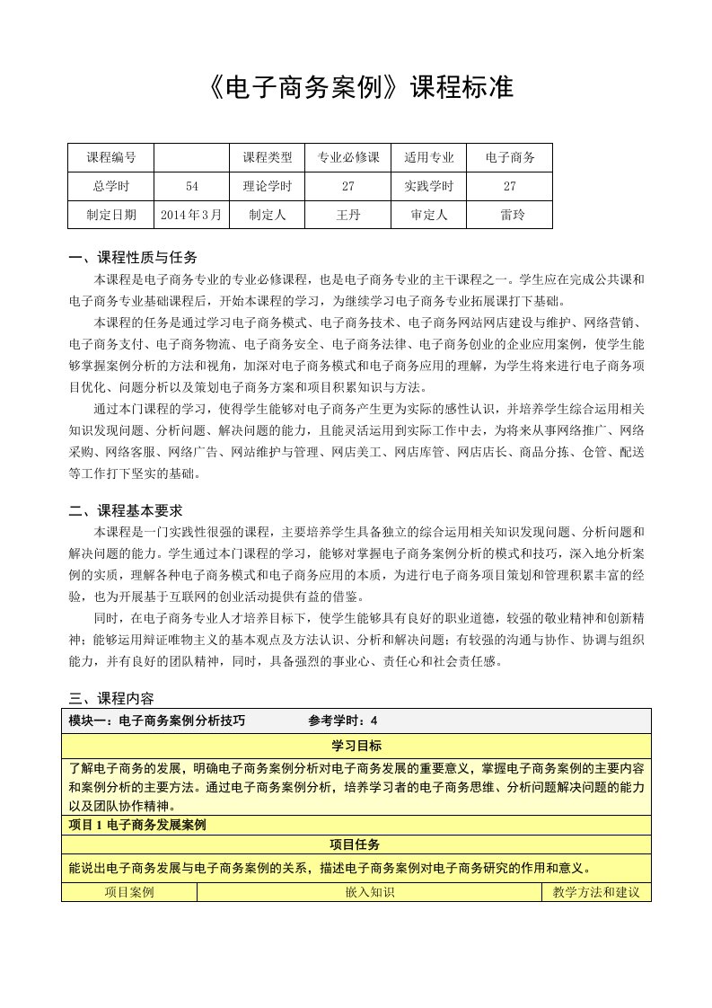 《电子商务案例》课程标准