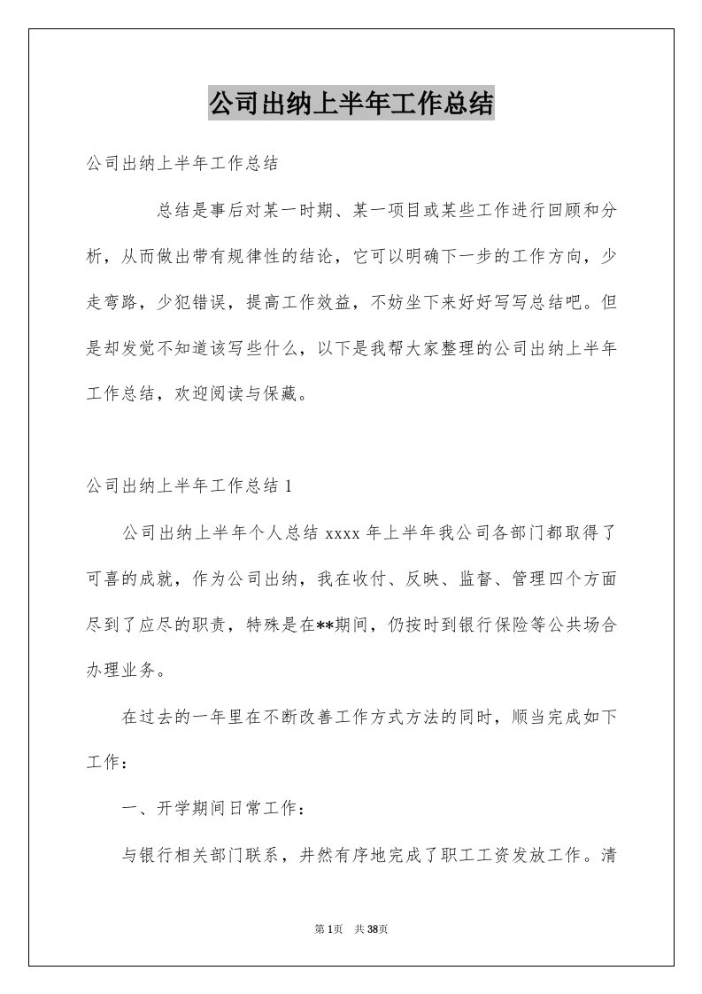 公司出纳上半年工作总结例文