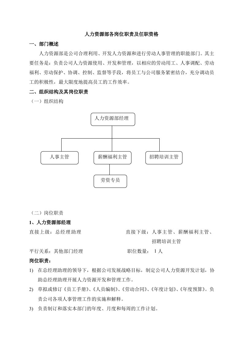 人力资源部岗位职责及任职要求