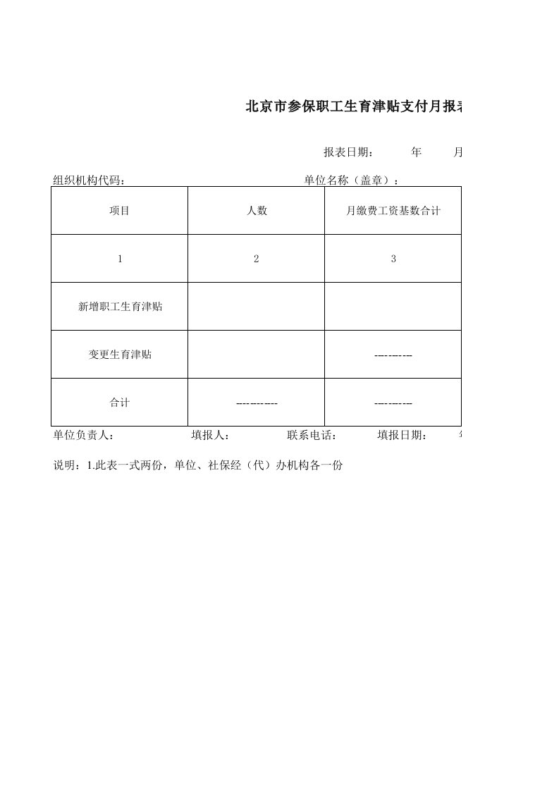 北京市参保职工生育津贴支付月报表(生表二)