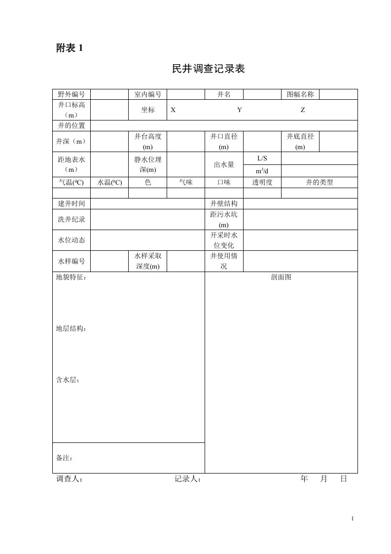 水工环地质野外调查表