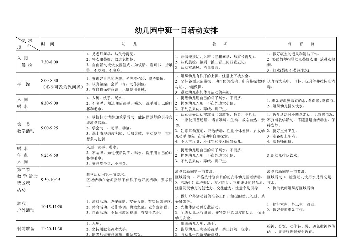 中班一日活动安排