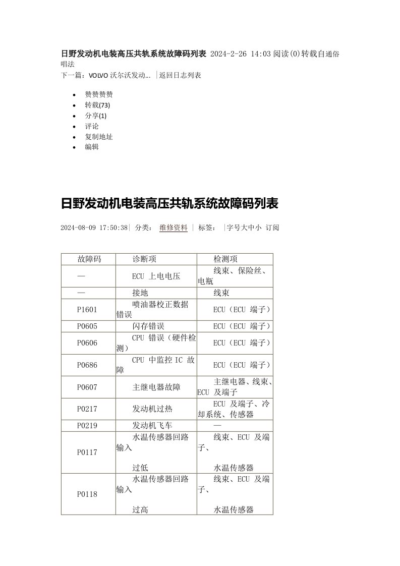 日野发动机电装高压共轨系统故障码列表