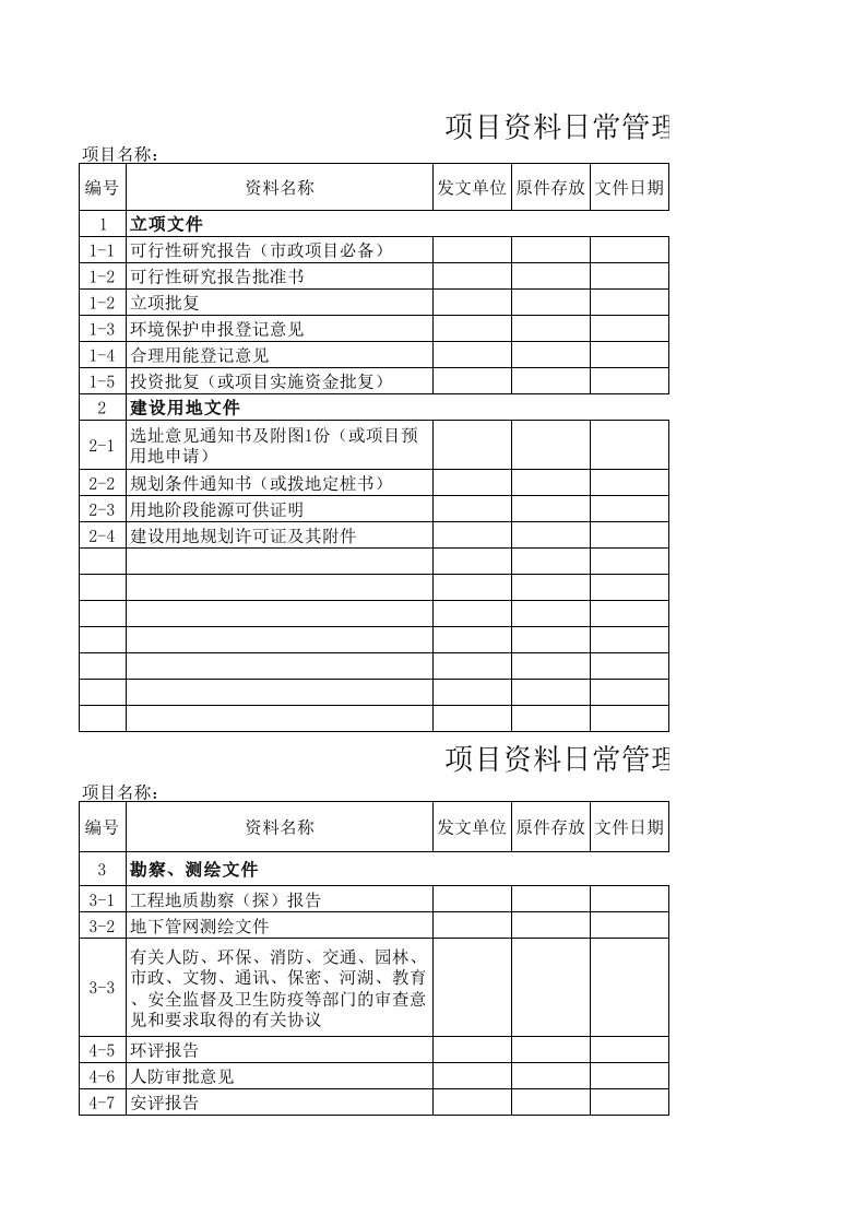 甲方所涉及项目资料日常管理台账