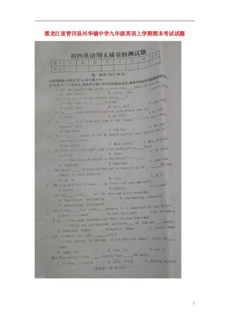 黑龙江省青冈县兴华镇中学九级英语上学期期末考试试题（扫描版）