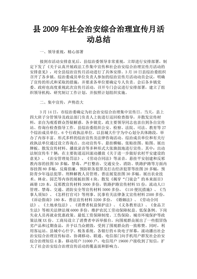 县2009年社会治安综合治理宣传月活动总结