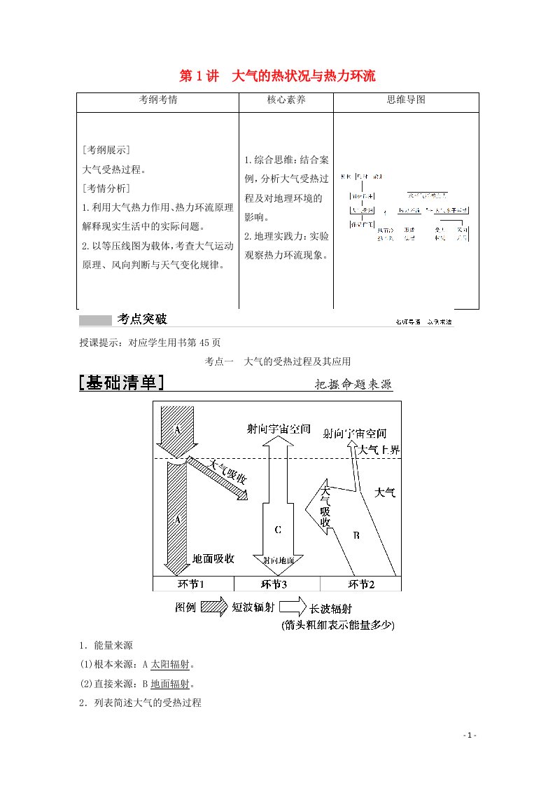 2022高考地理一轮复习第二章自然地理环境中的物质运动和能量交换第1讲大气的热状况与热力环流教学案中图版20210415238