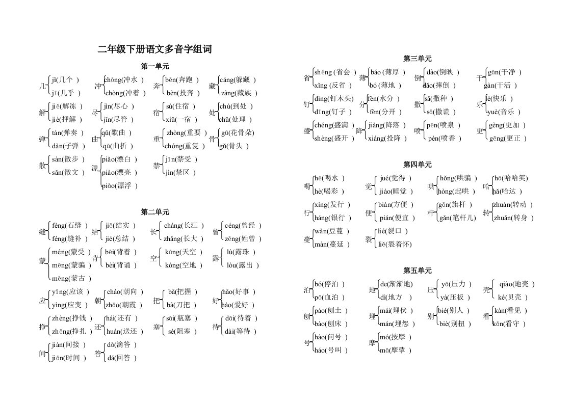 二级下册语文多音字词语