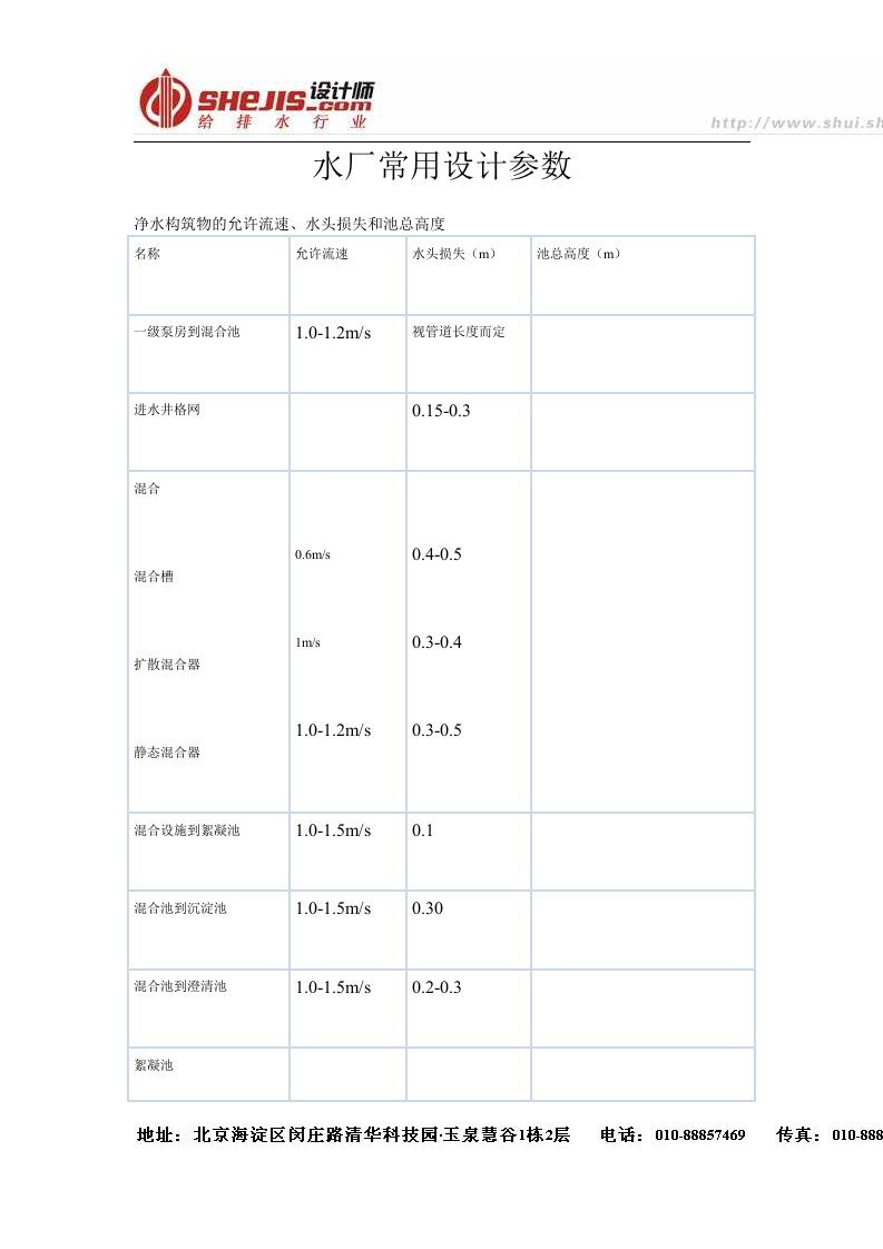 水厂常用设计参数100