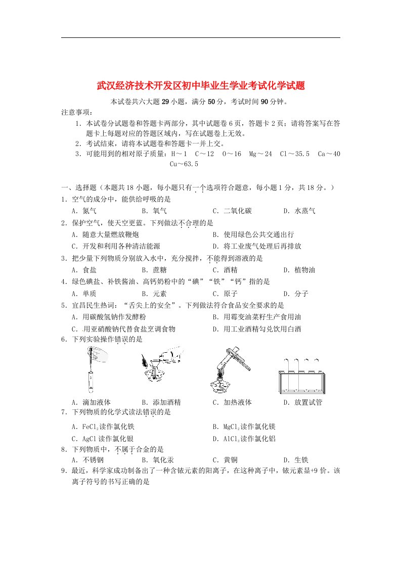 湖北省武汉经济技术开发区第四中学初中化学毕业生学业考试试题（无答案）