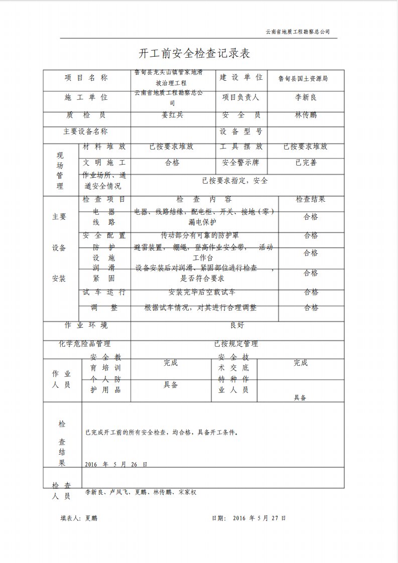 开工前安全检查记录表