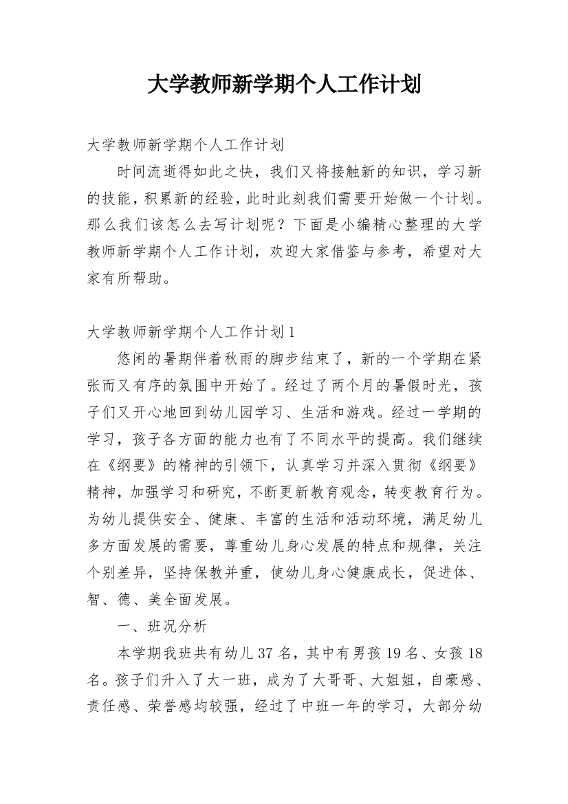 大学教师新学期个人工作计划