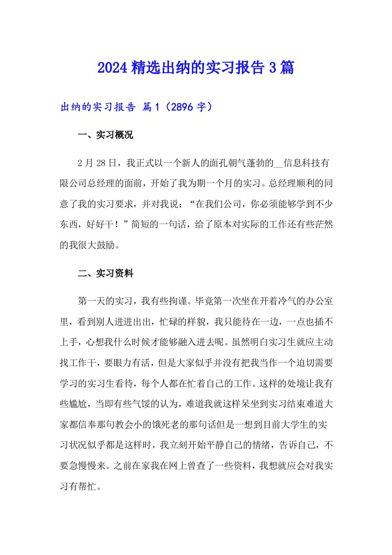 2024精选出纳的实习报告3篇