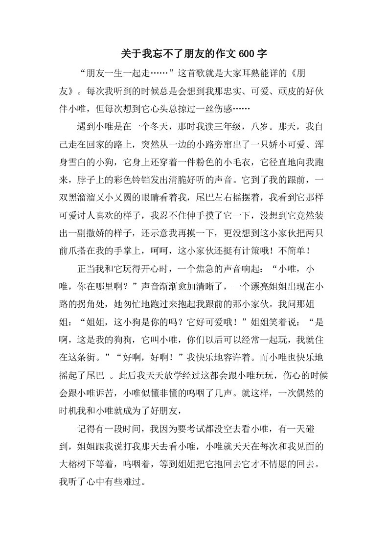 关于我忘不了朋友的作文600字