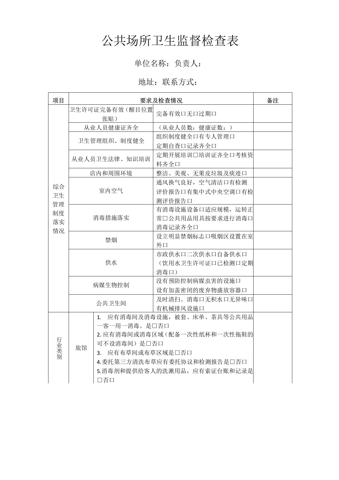 公共场所卫生监督检查表