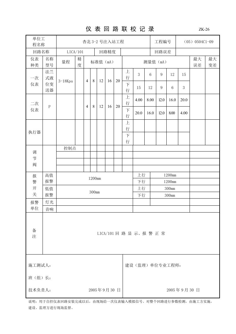 521仪表回路联较记录