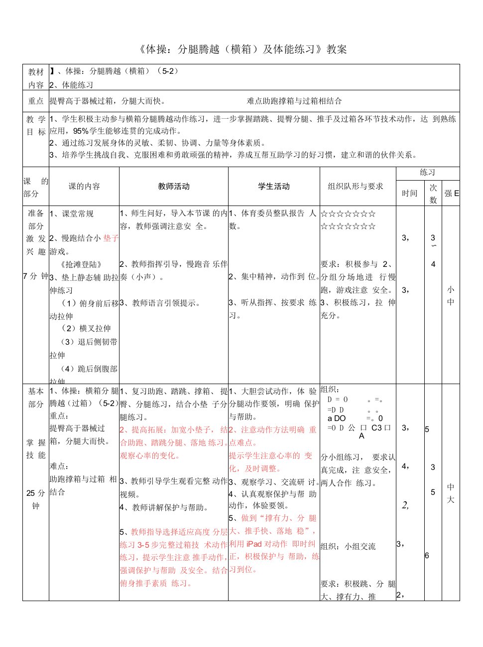 体操分腿腾越（横箱）及体能练习教案-高二上学期体育与健康人教版