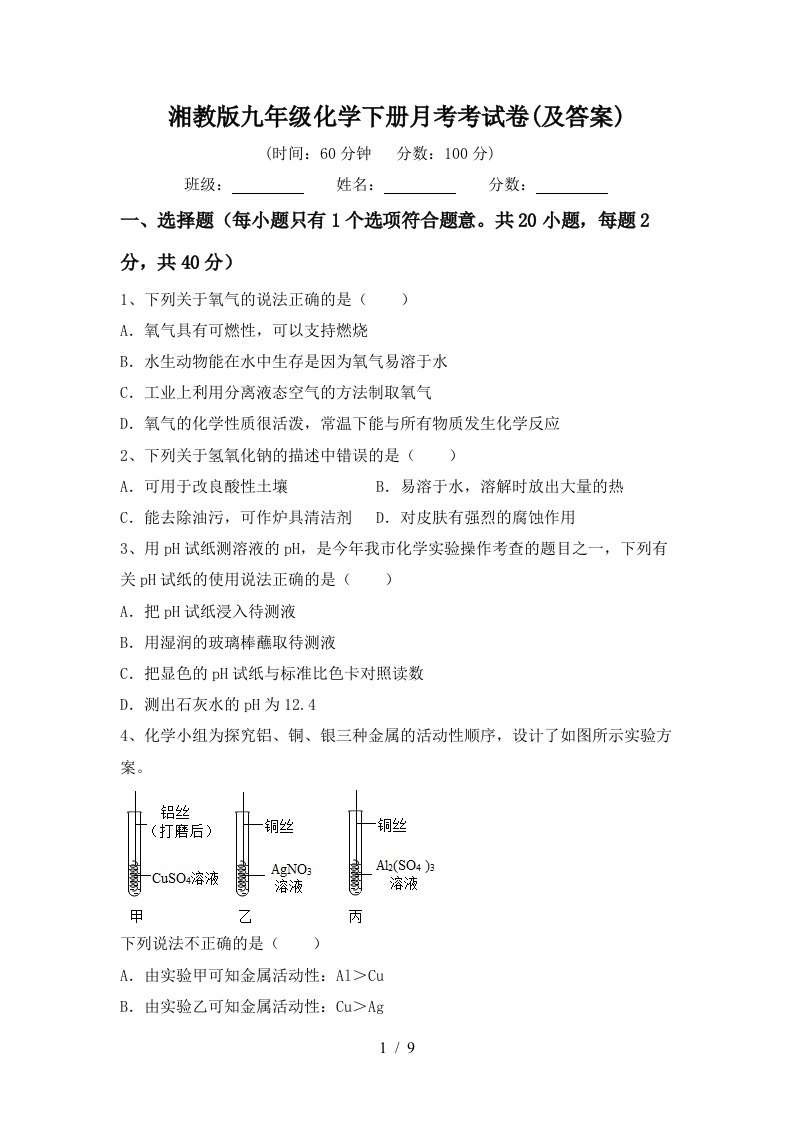 湘教版九年级化学下册月考考试卷及答案