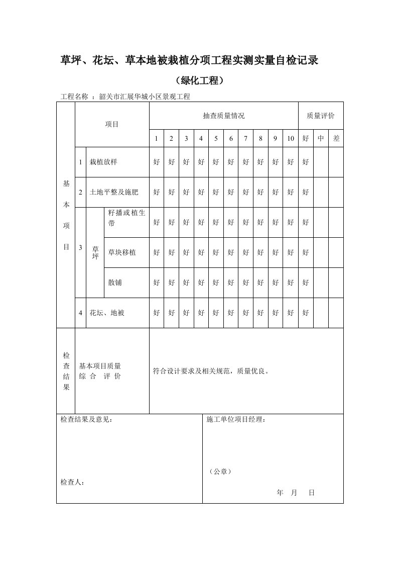 草坪、花坛、草本地被栽植分项工程实测实量自检记录