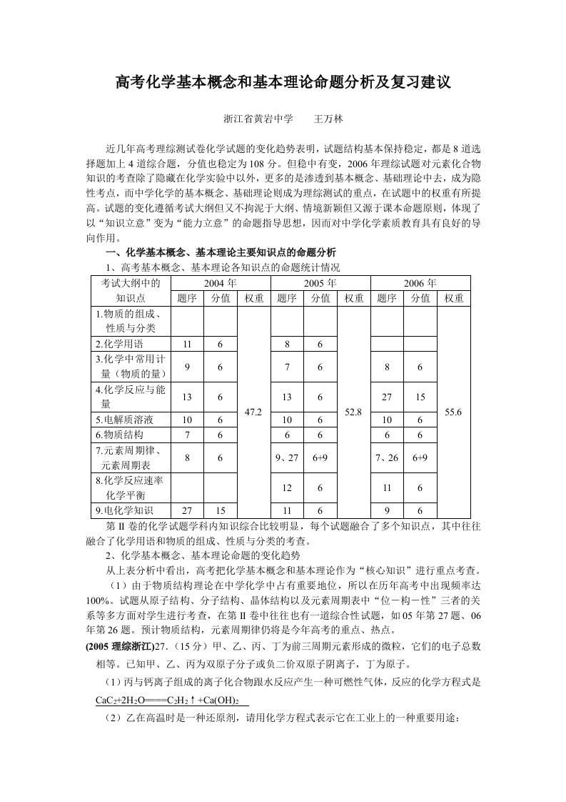 高考化学基本概念和基本理论命题分析及复习建议