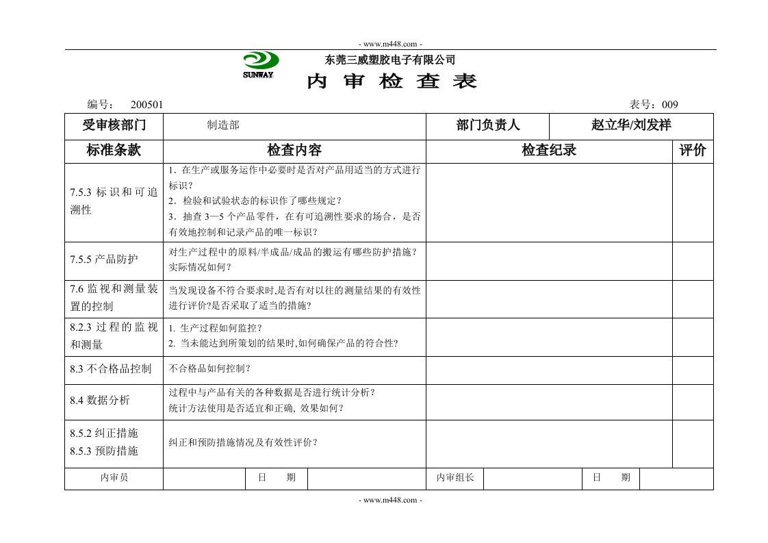 《某塑胶电子公司质量内审检查表格全套》(18个文件)009内审检查表(制造部)-质量制度表格