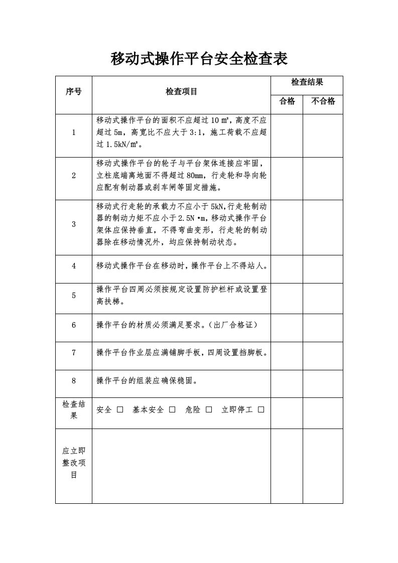 移动式操作平台安全检查表