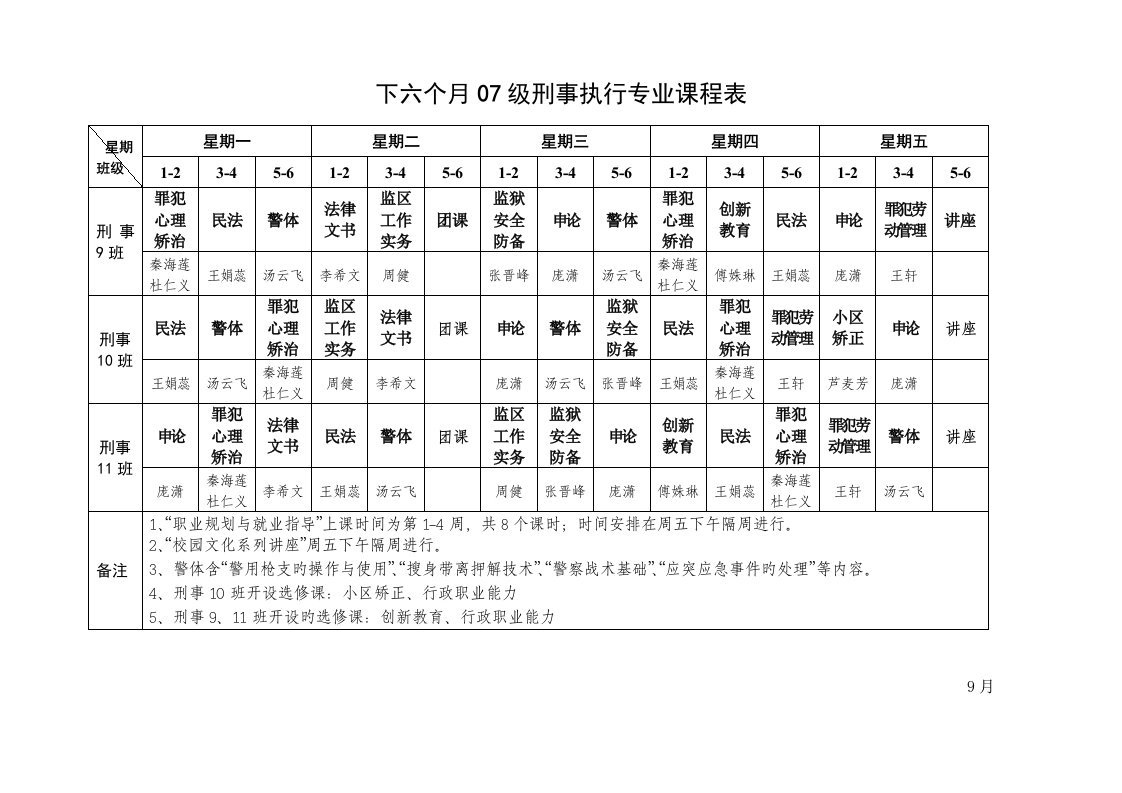 山西警官职业学院下半年课程表