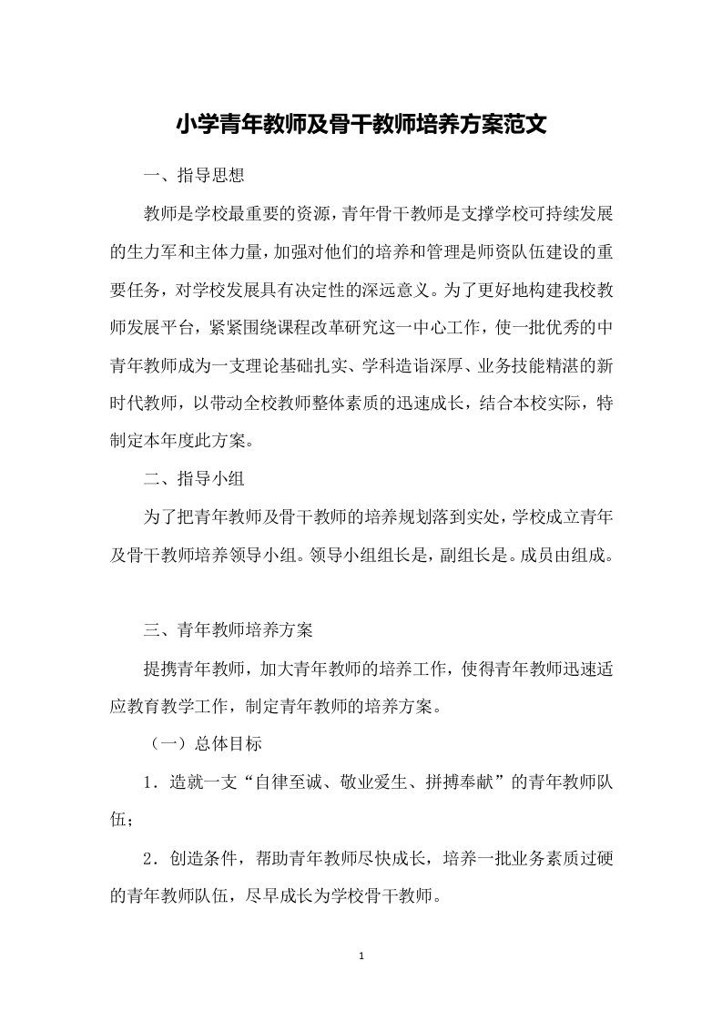 小学青年教师及骨干教师培养方案范文