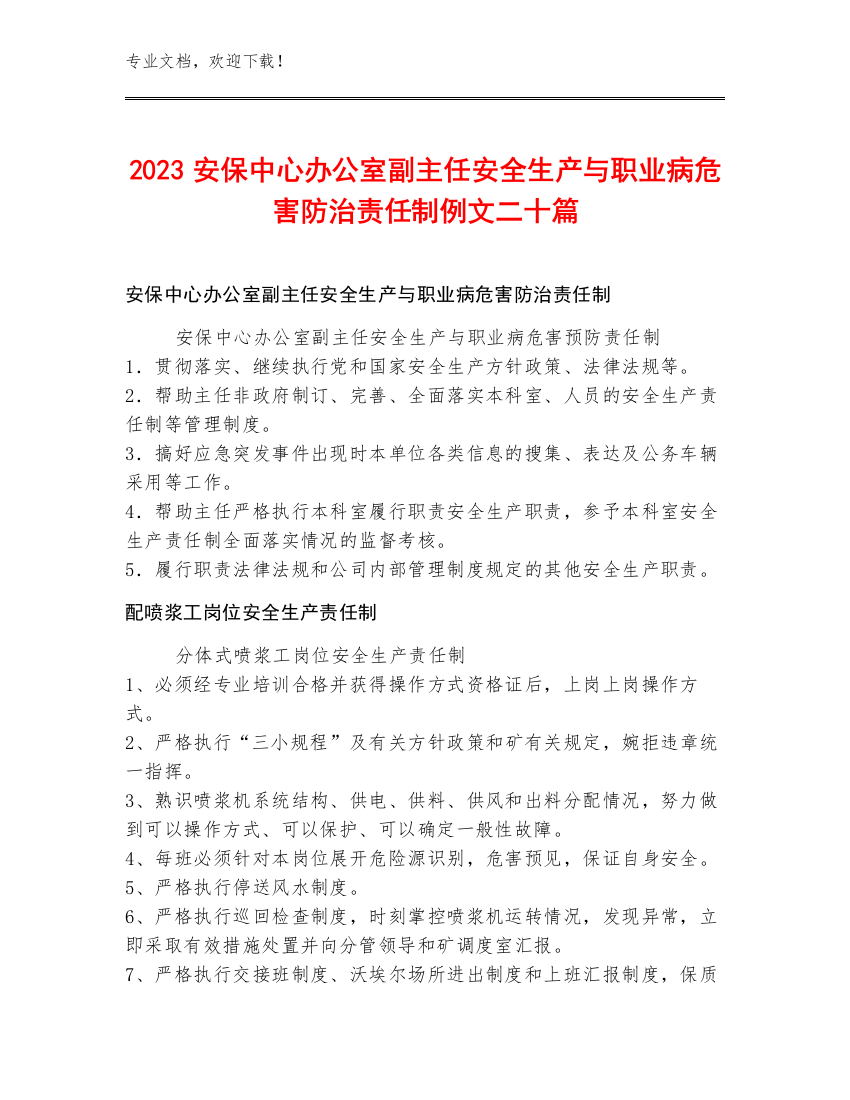 2023安保中心办公室副主任安全生产与职业病危害防治责任制例文二十篇