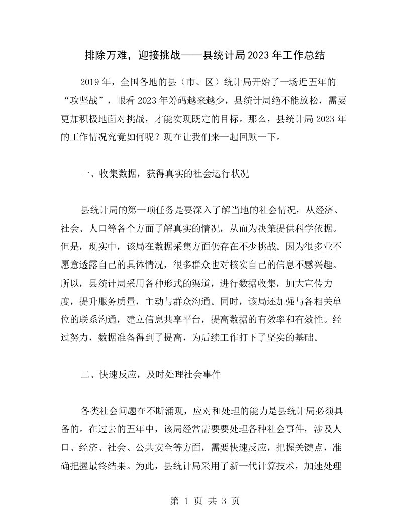 排除万难，迎接挑战——县统计局2023年工作总结