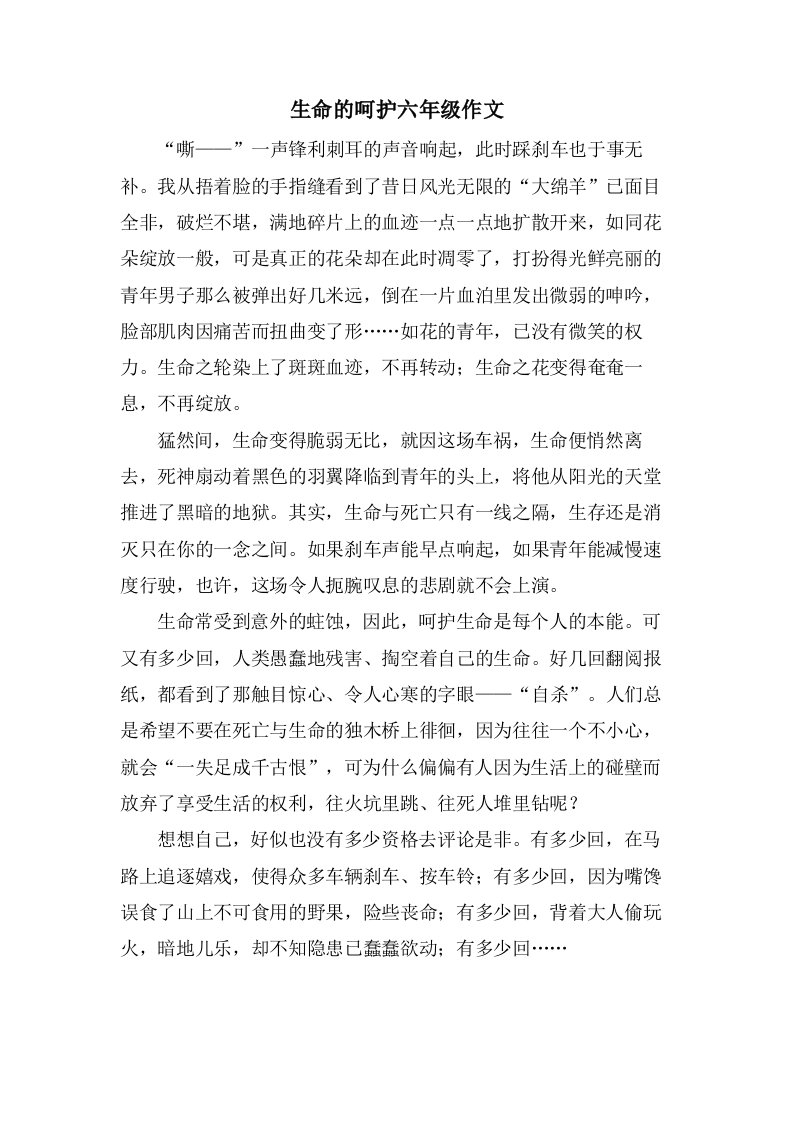 生命的呵护六年级作文