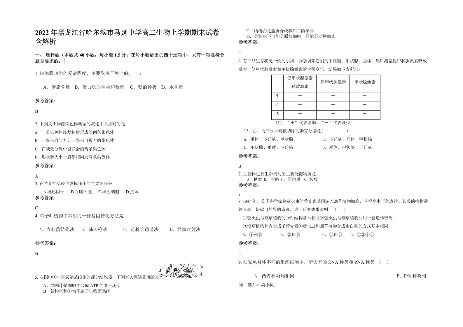 2022年黑龙江省哈尔滨市马延中学高二生物上学期期末试卷含解析