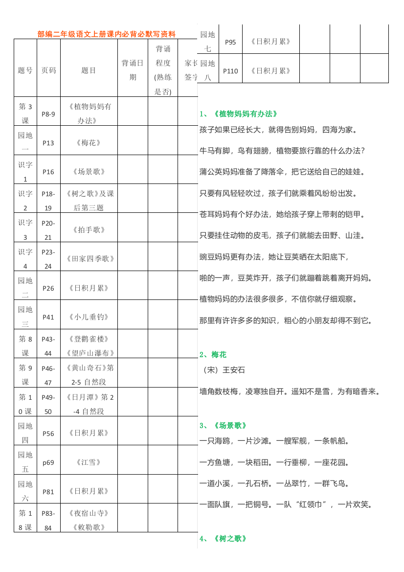 完整word版-部编版小学二年级语文上册必背课文汇总和按课文填空-推荐文档