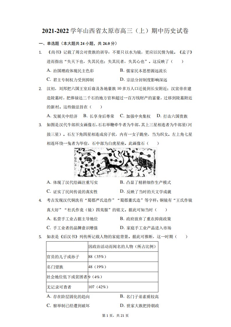 2021-2022学年山西省太原市高三(上)期中历史试卷(附答案详解)