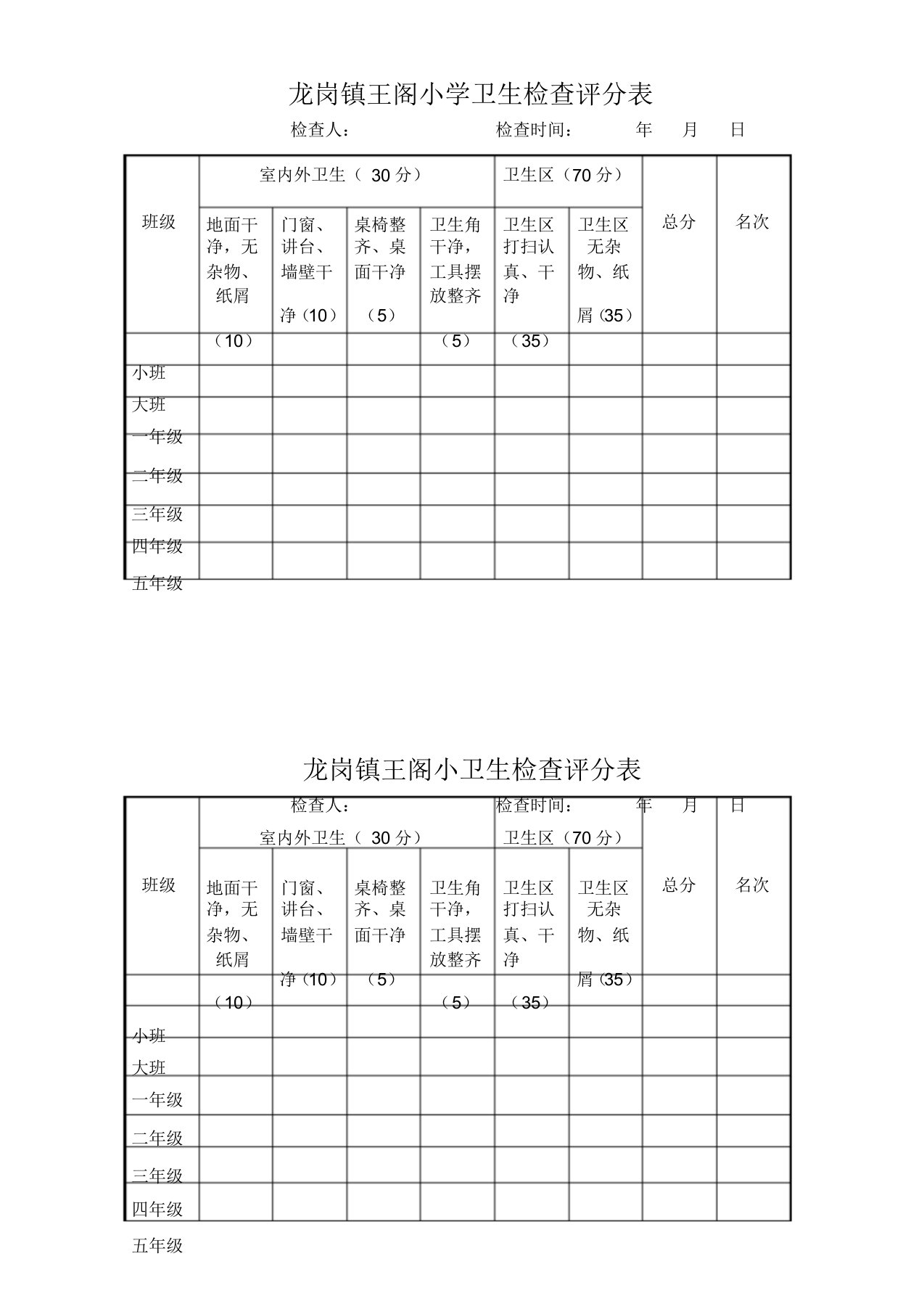 小学卫生检查评分表