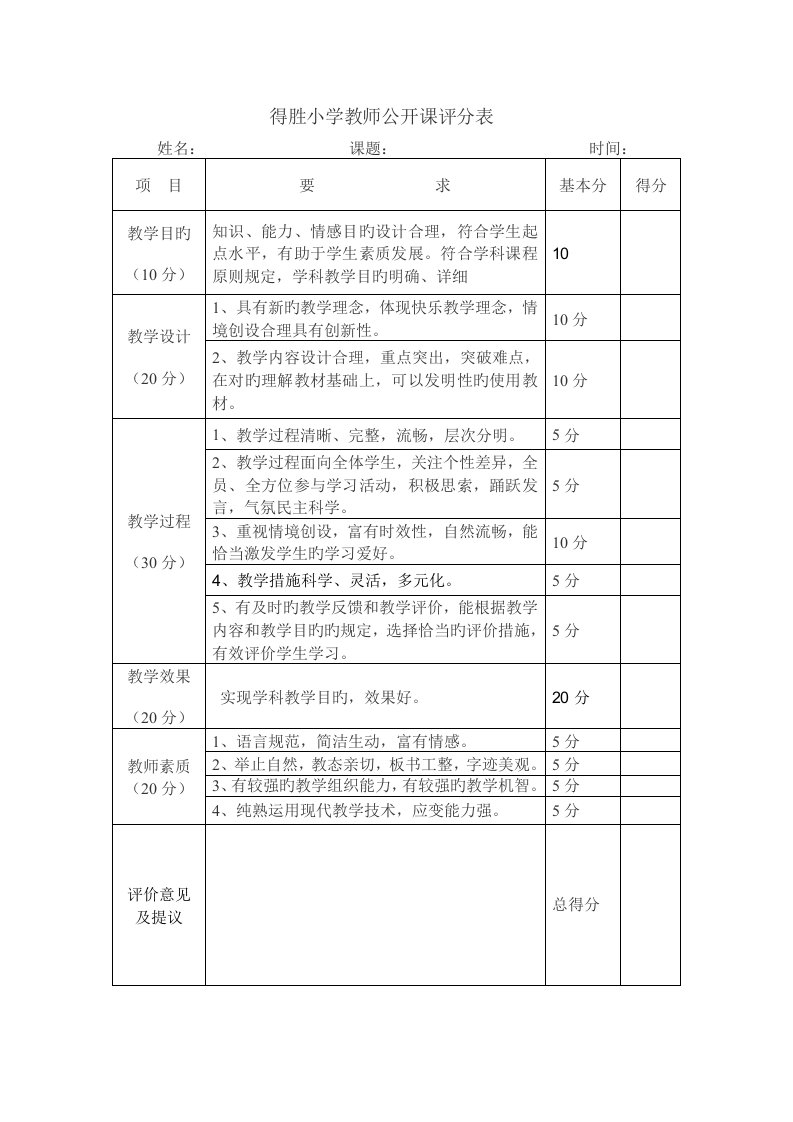 教师公开课评分表