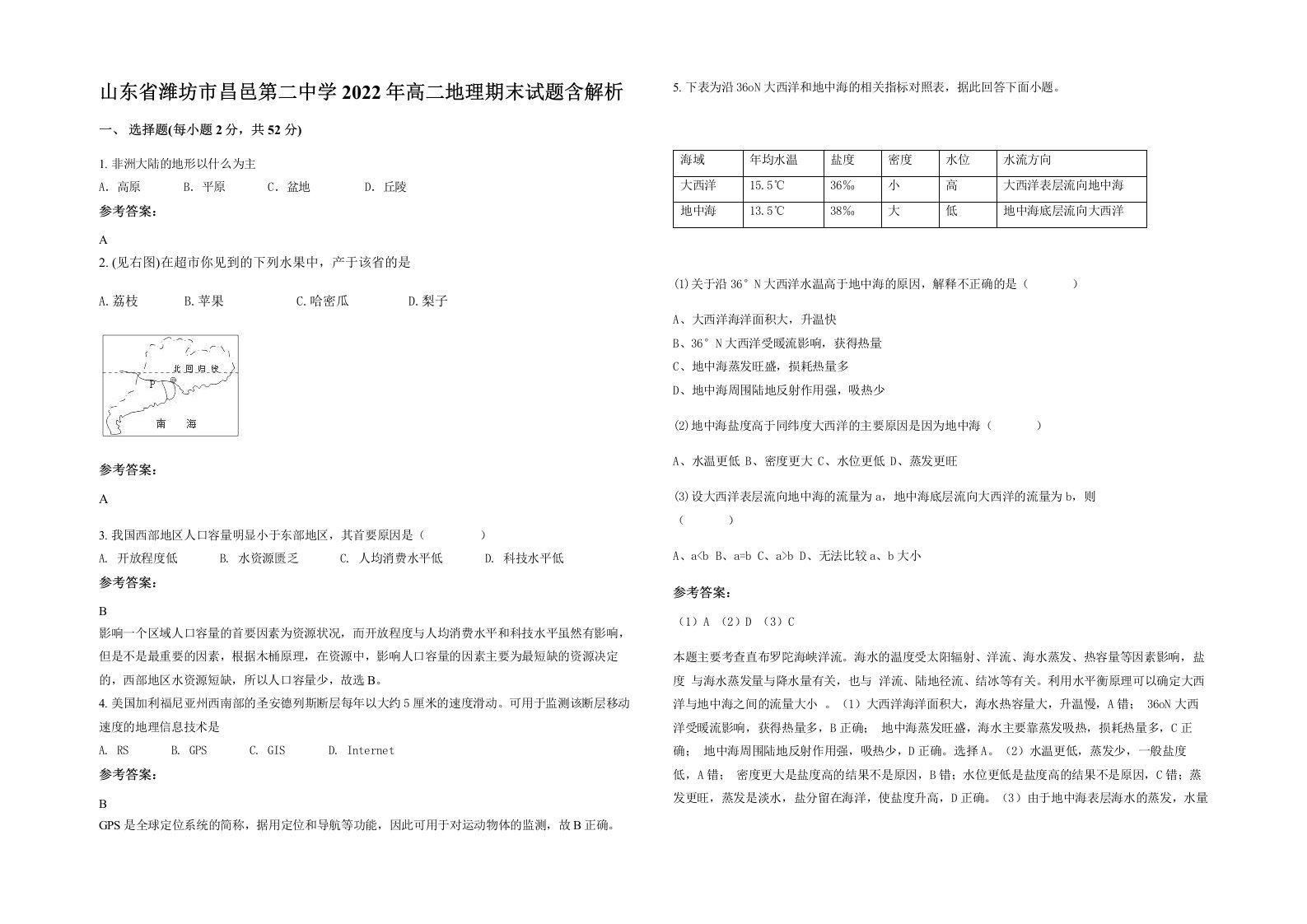 山东省潍坊市昌邑第二中学2022年高二地理期末试题含解析