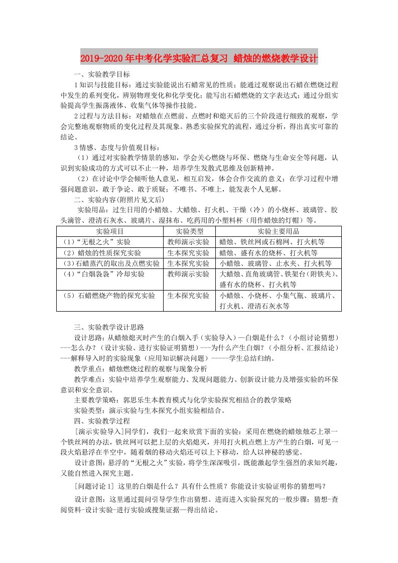 2019-2020年中考化学实验汇总复习